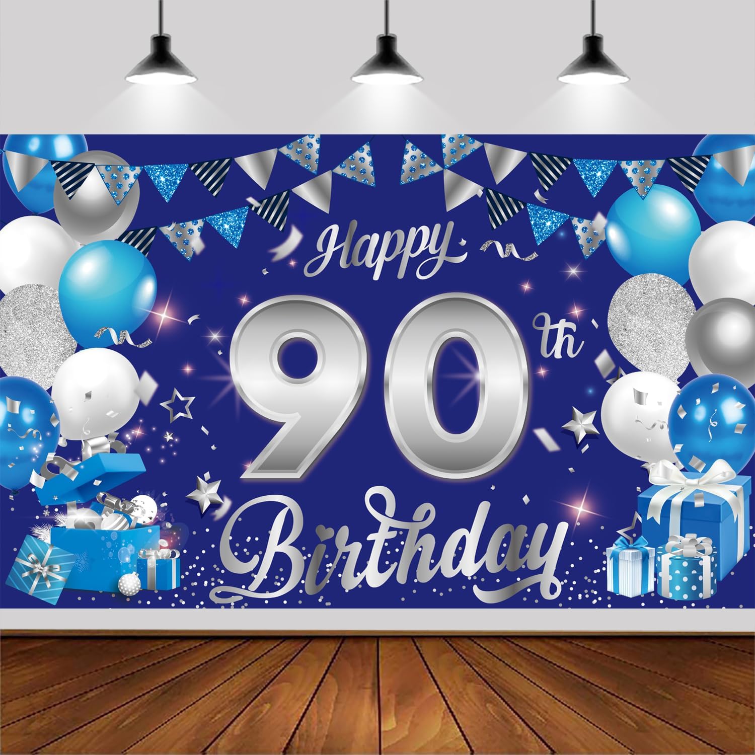 90th Blue and Silver Birthday Backdrop,Blue Silver Happy Birthday Photography Background Banner